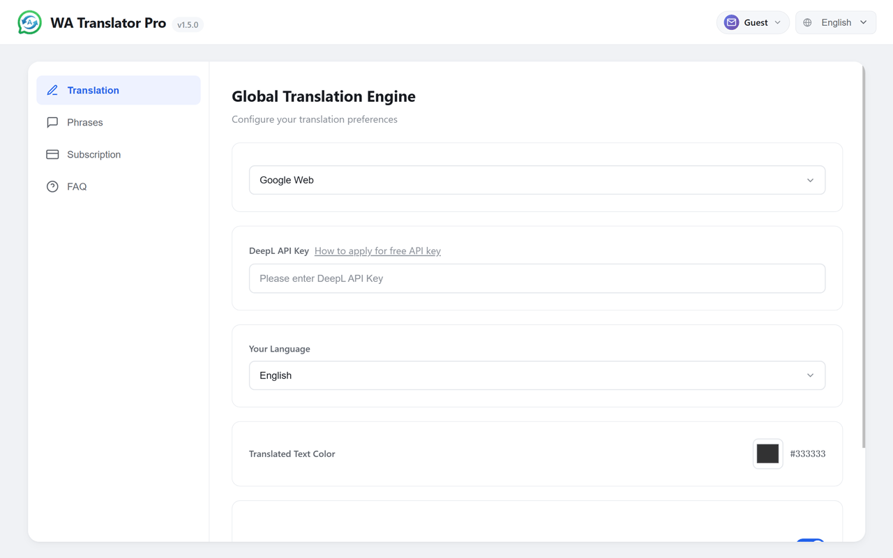 Quick phrase templates for WhatsApp translation